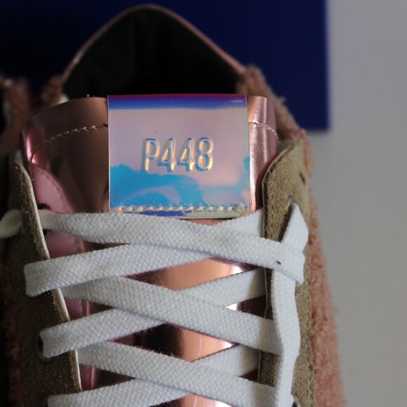 P448 John Sherpa Fuzzy Pink Holo Tan Suede Blue Sneakers - Picture 6 of 13